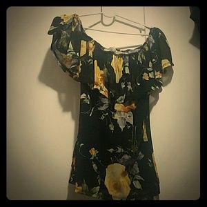 Black off shoulder top with yellow roses.